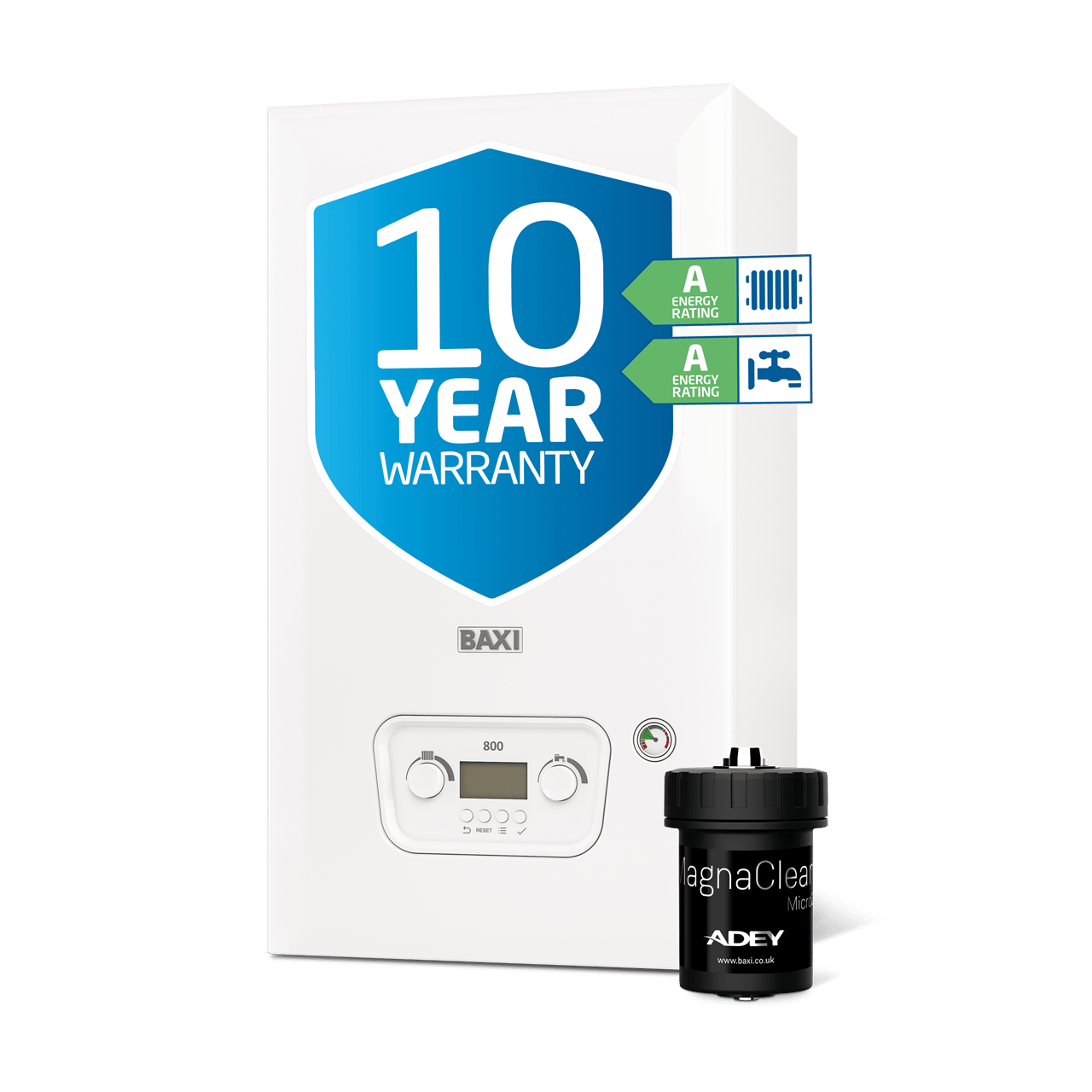 Baxi 800 Combi 2 boiler with 10-year warranty badge and magnetic filter