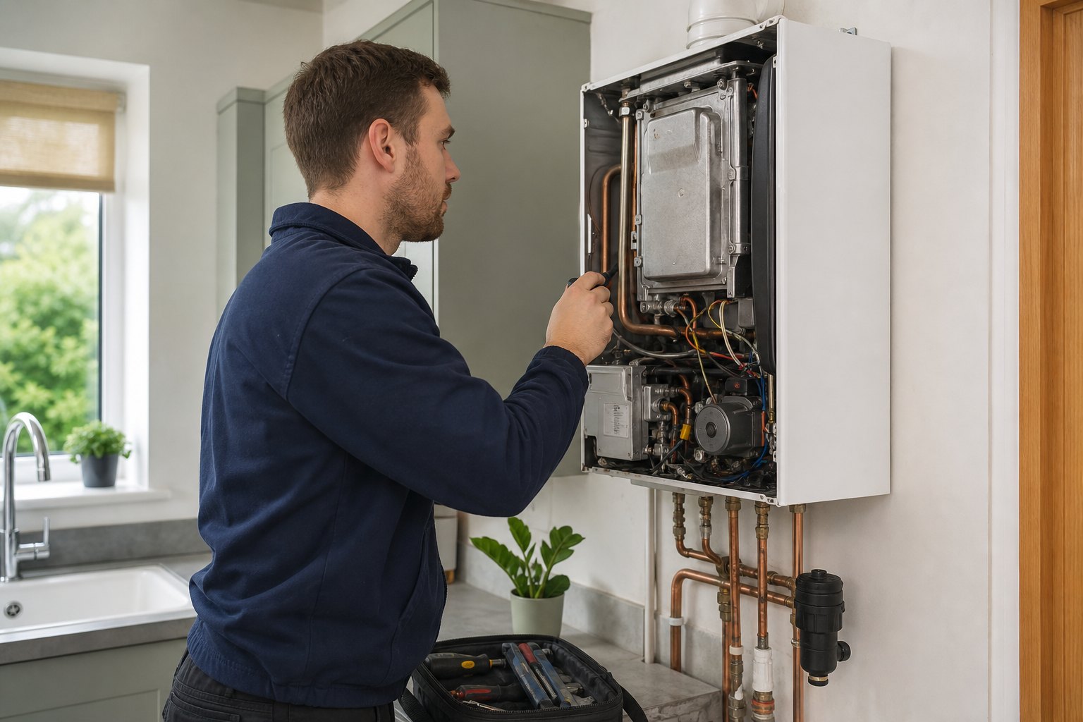 Heating engineer diagnosing a boiler with its front cover removed