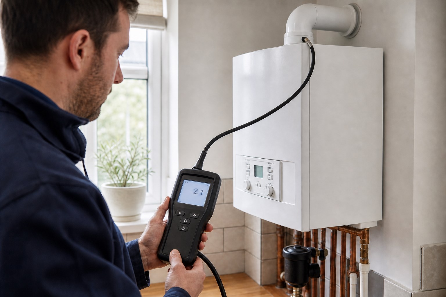 Heating engineer taking a flue-gas analyser reading during a boiler service