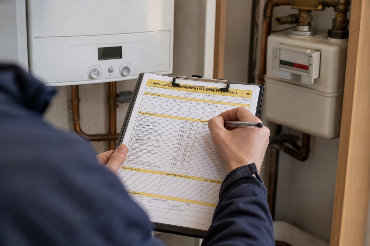 Heating engineer completing a UK landlord gas safety record